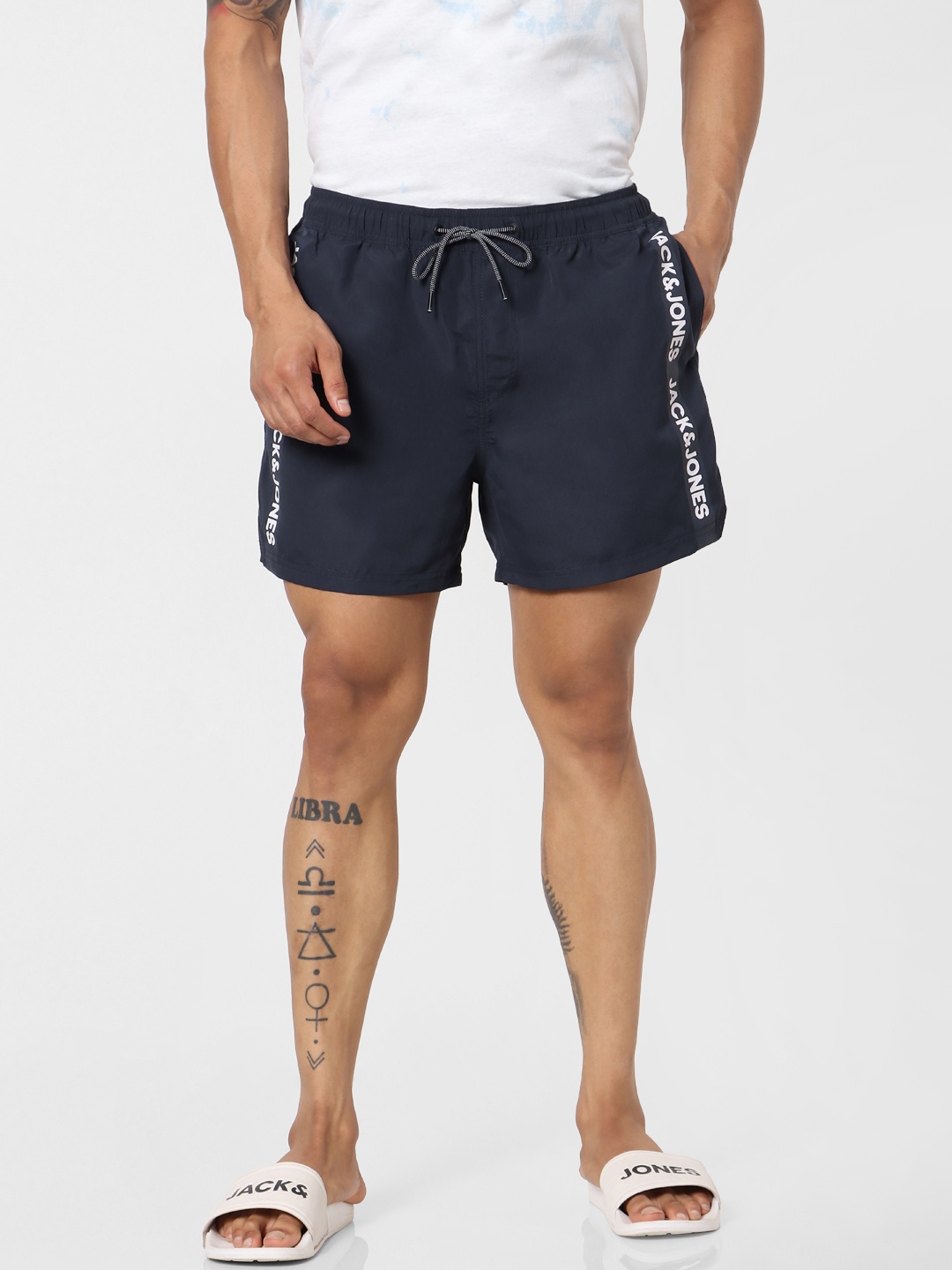 

Jack & Jones Men Navy Blue Solid Regular Fit Swim Shorts with Printed Detail