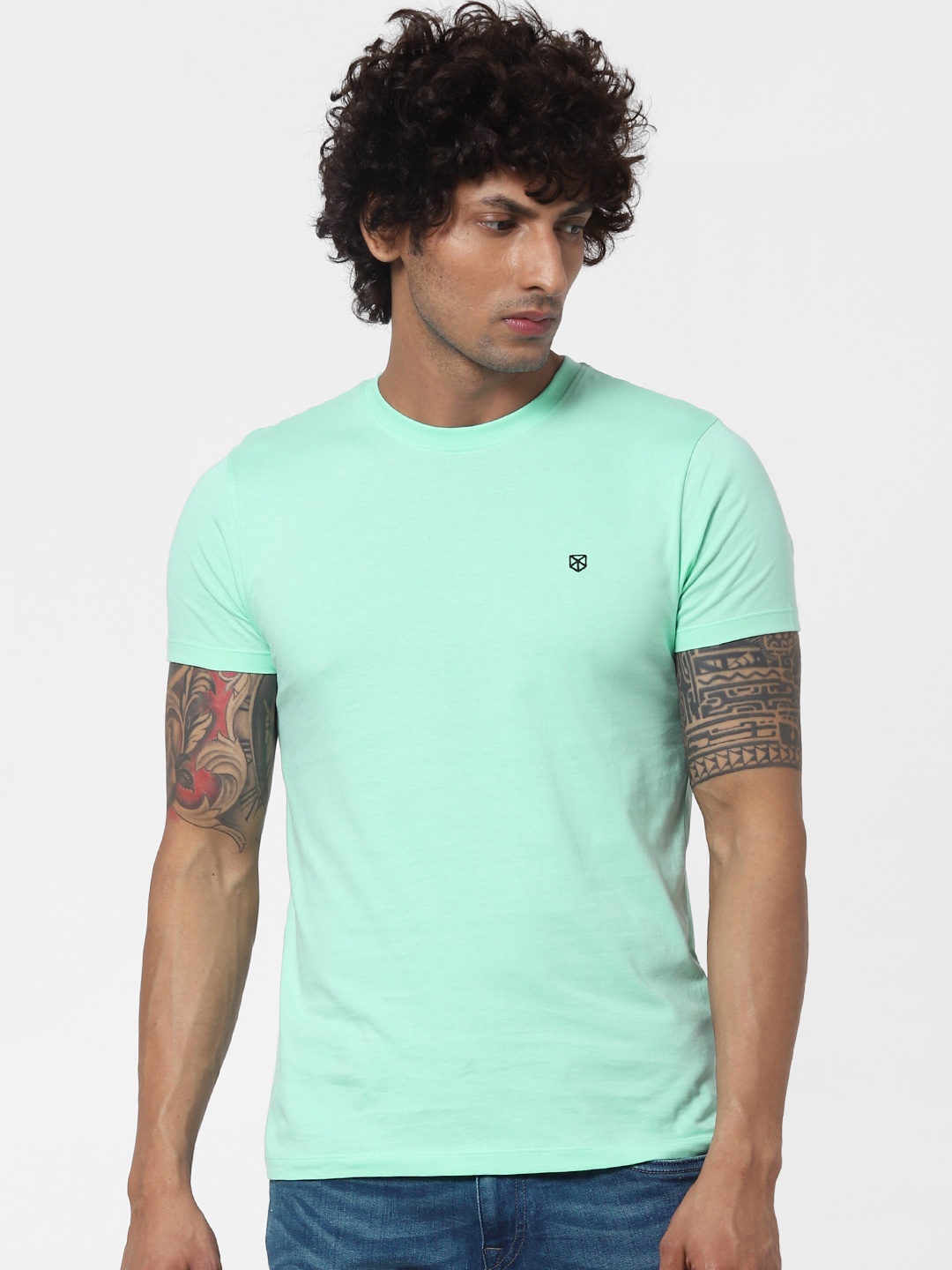 

Jack Jones Men Sea Green Slim Fit Solid Round Neck Pure Cotton T-shirt