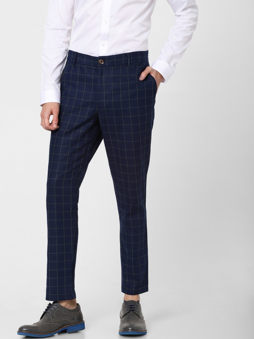 

Jack & Jones Men Navy Blue & Yellow Slim Fit Checked Formal Trousers