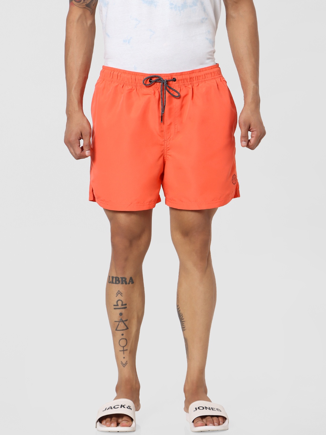 

Jack & Jones Men Coral Orange Solid Slim Fit Sustainable Swim Shorts