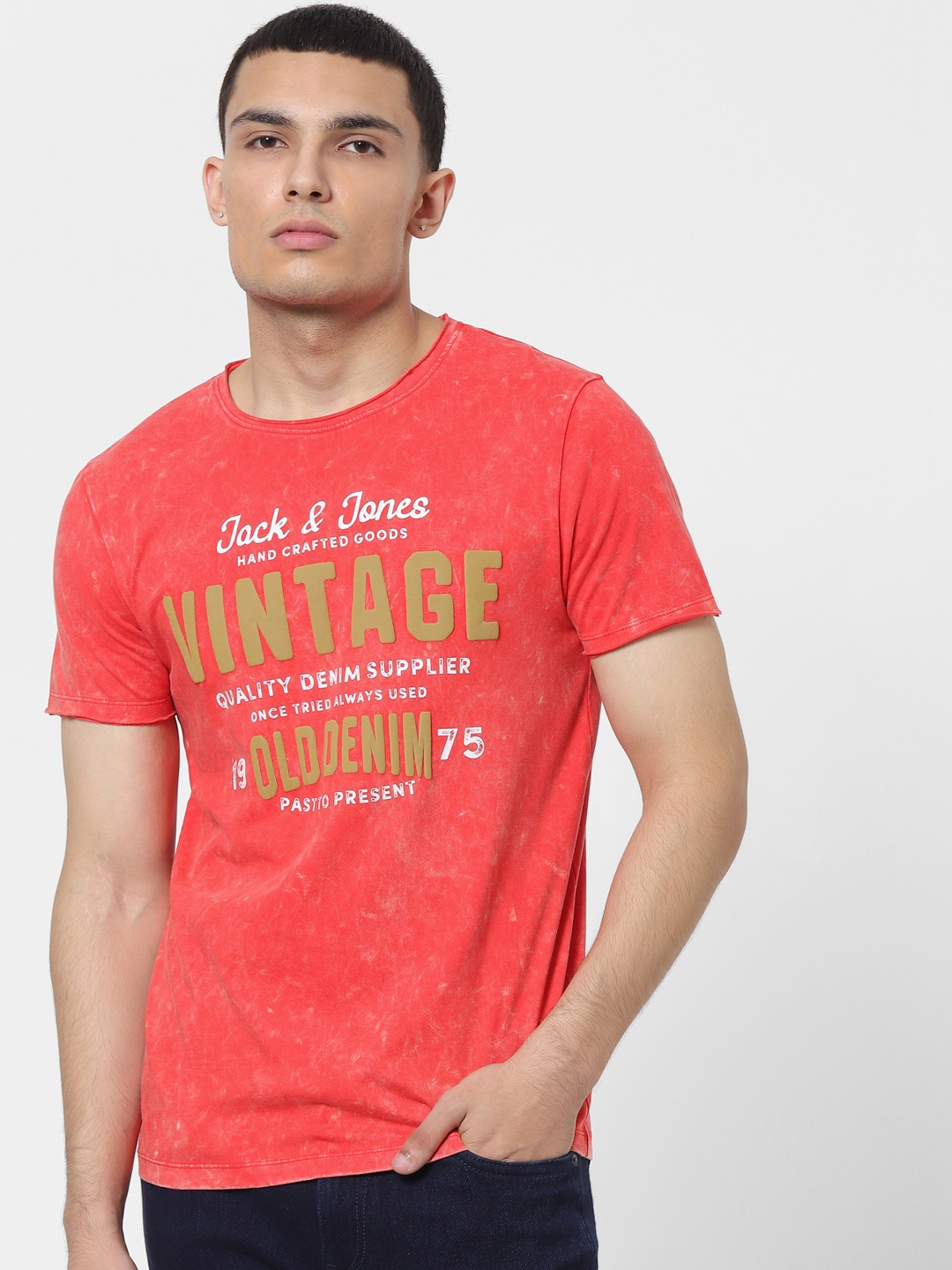 

Jack Jones Men Red Printed Round Neck Pure Cotton T-shirt