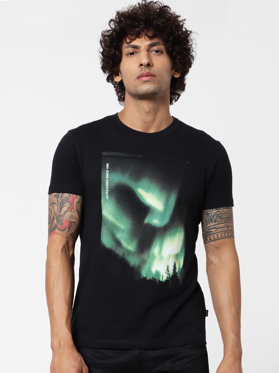 

Jack Jones Men Black Printed Slim Fit Round Neck Sustainable Pure Cotton T-shirt