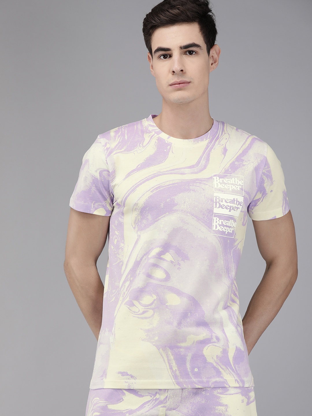 

Jack Jones Men Lavender Beige Printed Slim Fit Round Neck Pure Cotton T-shirt