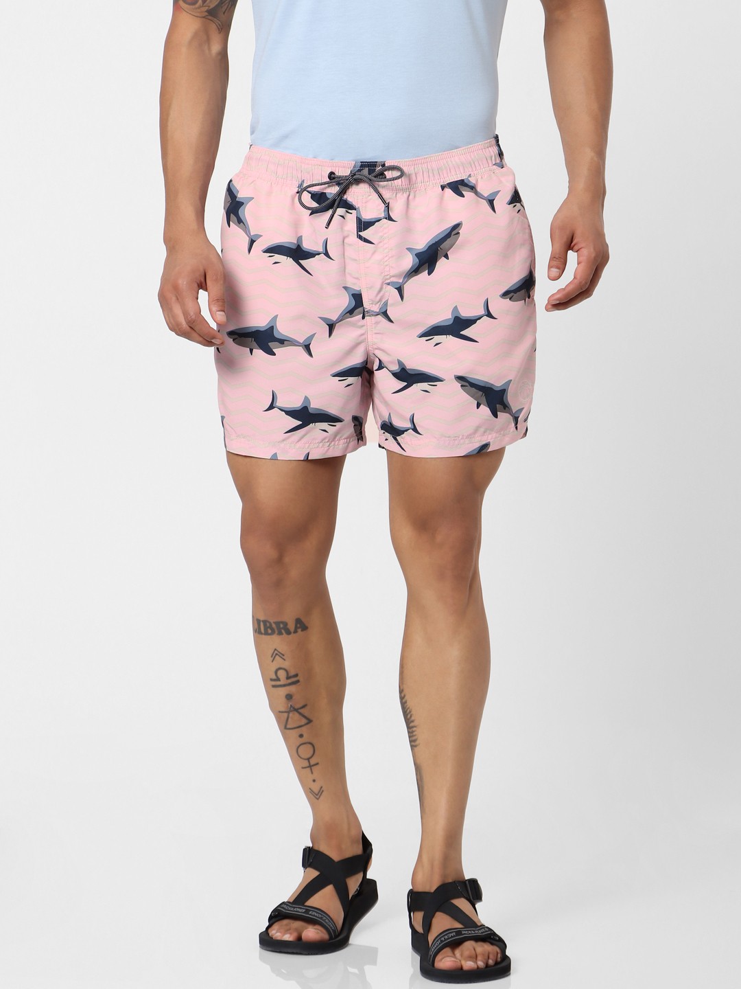 

Jack & Jones Men Pink & Navy Blue Printed Regular Fit Sustainable Swim Shorts