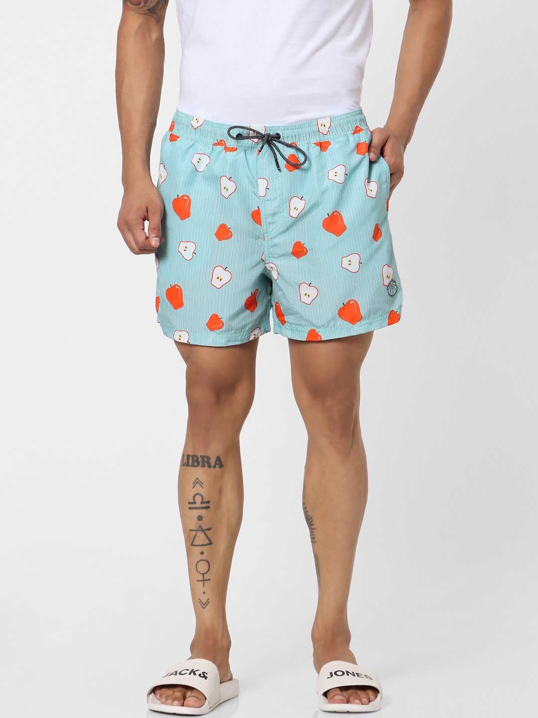 

Jack & Jones Men Blue & Coral Orange Printed Regular Fit Swim Shorts