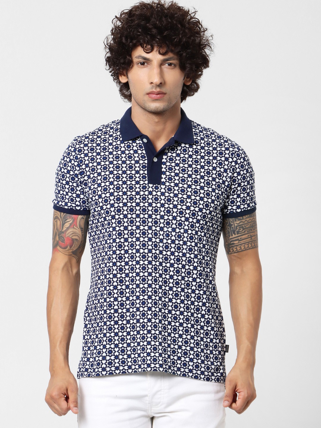 

Jack Jones Men White Navy Blue Slim Fit Printed Polo Collar Sustainable Pure Cotton T-shirt
