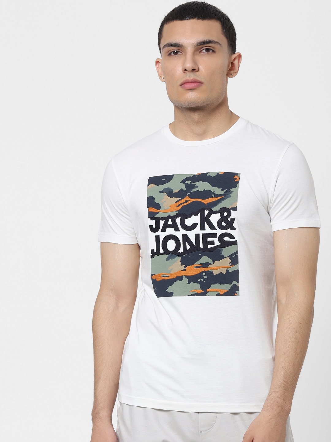 

Jack Jones Men Off-White Printed Round Neck Sustainable Pure Cotton T-shirt With Embroidery