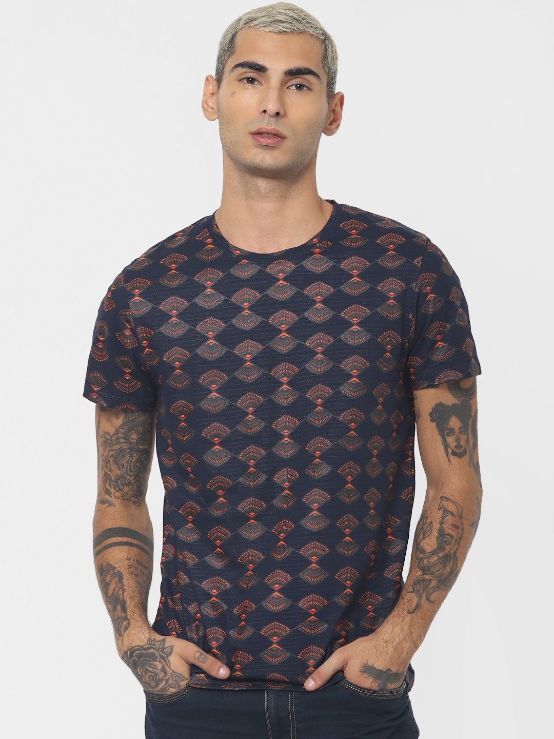 

Jack & Jones Men Navy Blue Printed Round Neck T-shirt