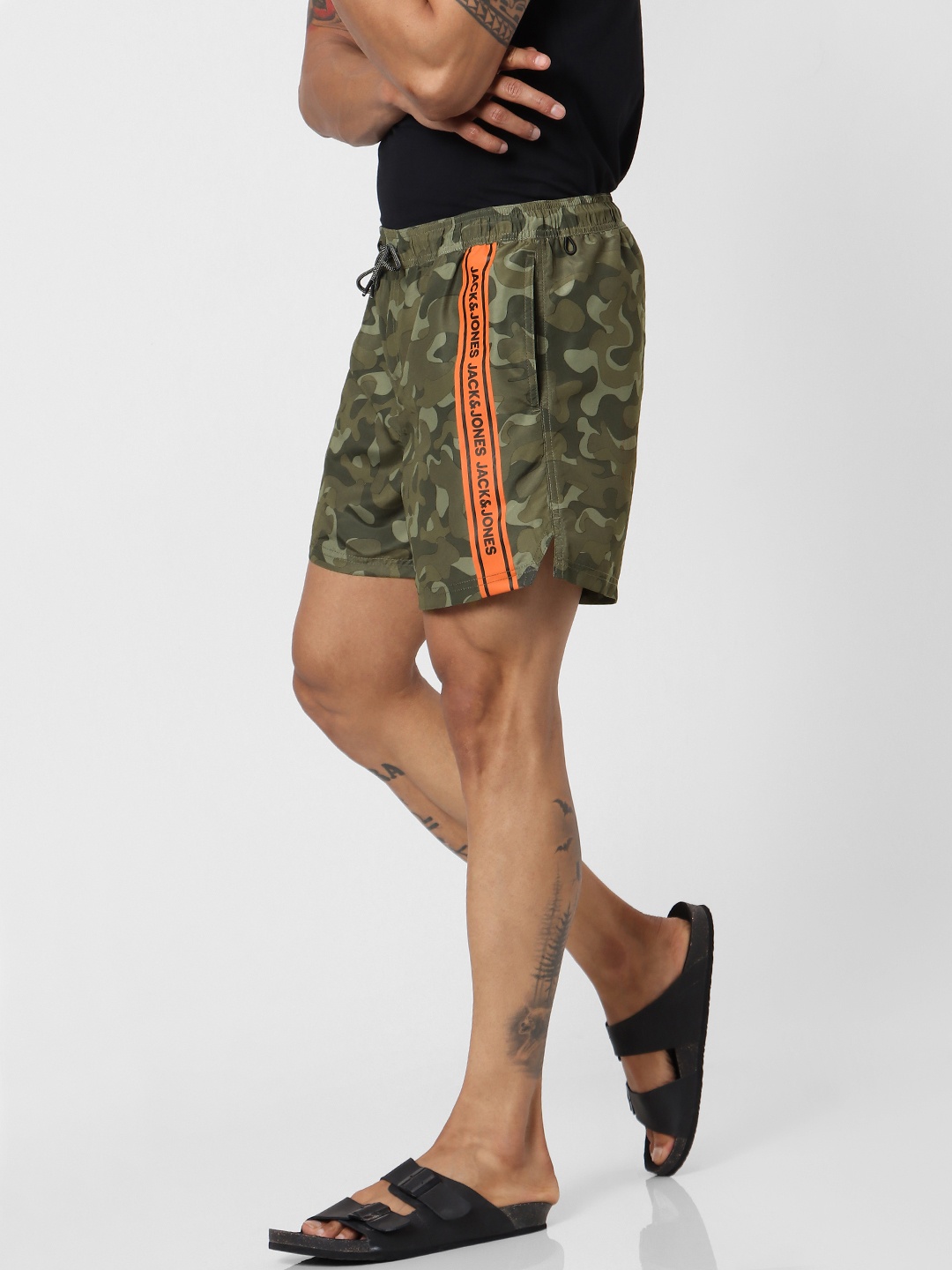 

Jack & Jones Men Olive Green Printed Regular Fit Swim Shorts with Printed Detailing