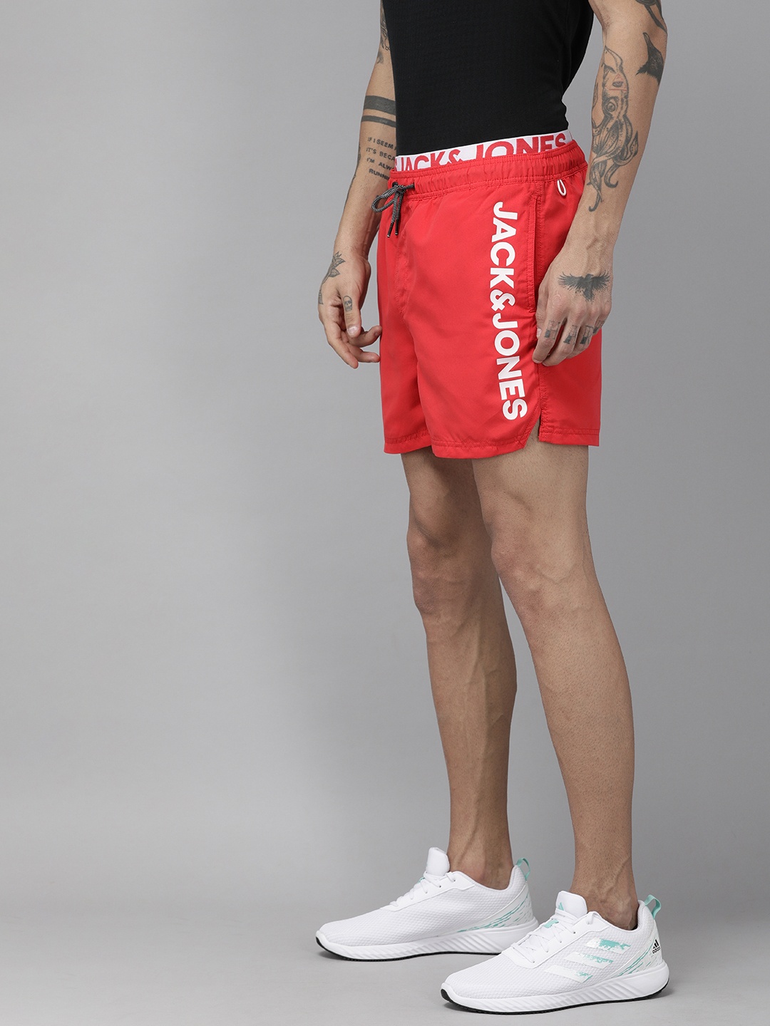 

Jack & Jones Men Red Logo Printed Slim Fit Mid-Rise Sustainable Swim Shorts