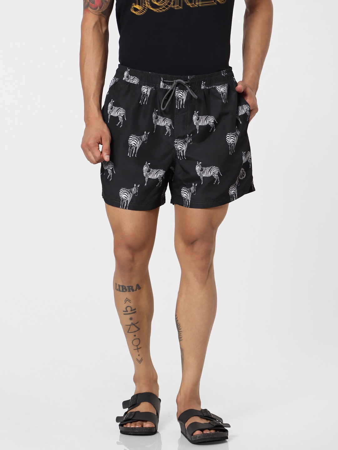 

Jack & Jones Men Black & White Printed Regular Fit Sustainable Swim Shorts