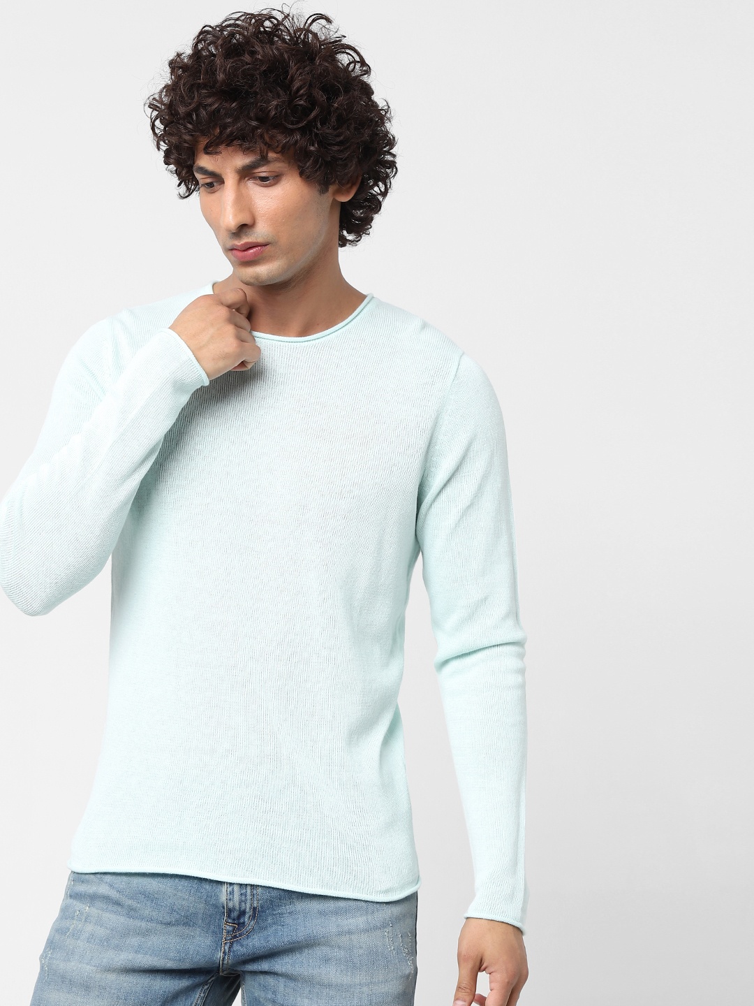 

Jack & Jones Men Sea Green Solid Pullover Linen-Cotton Sustainable Sweater