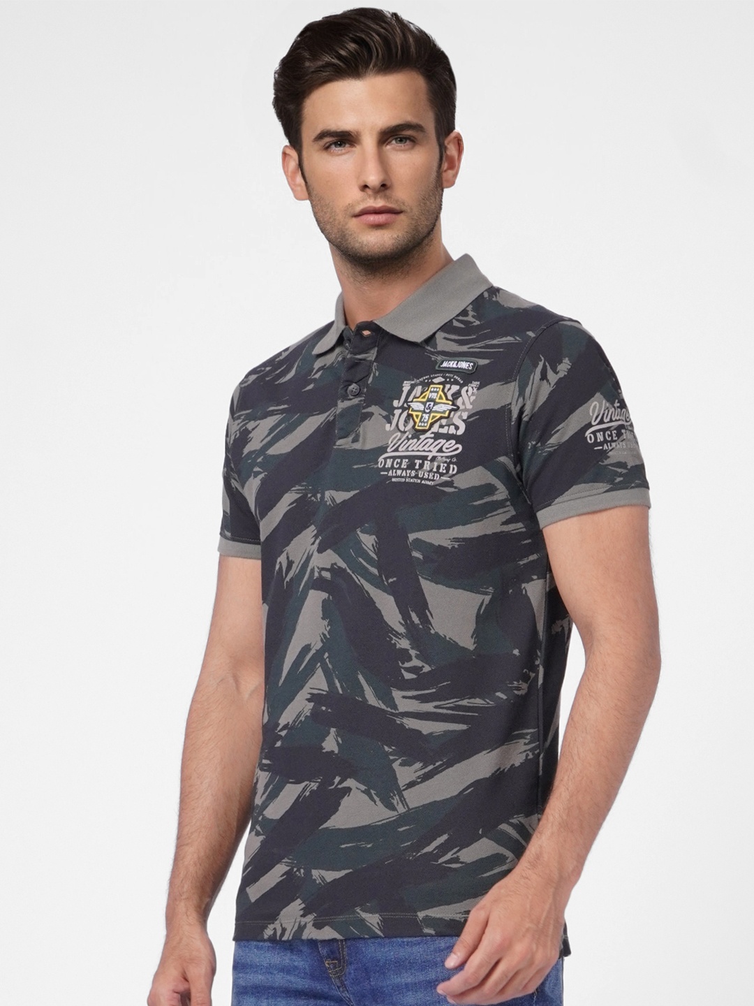 

Jack & Jones Camouflage Printed Polo Collar Pure Cotton Applique Slim Fit T-shirt, Olive