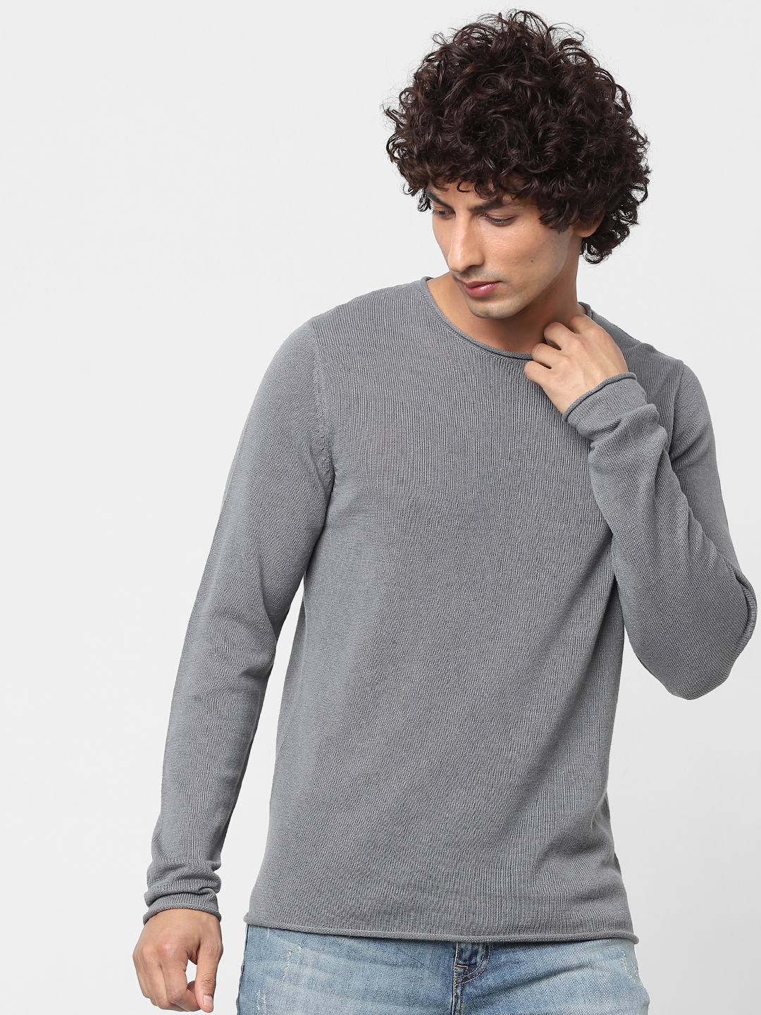 

Jack & Jones Men Grey Solid Pullover Linen-Cotton Sweater