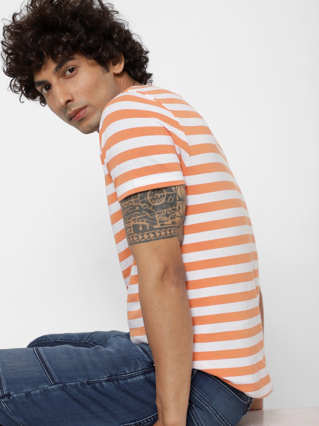 

Jack Jones Men Orange White Striped Round Neck Sustainable Pure Cotton T-shirt