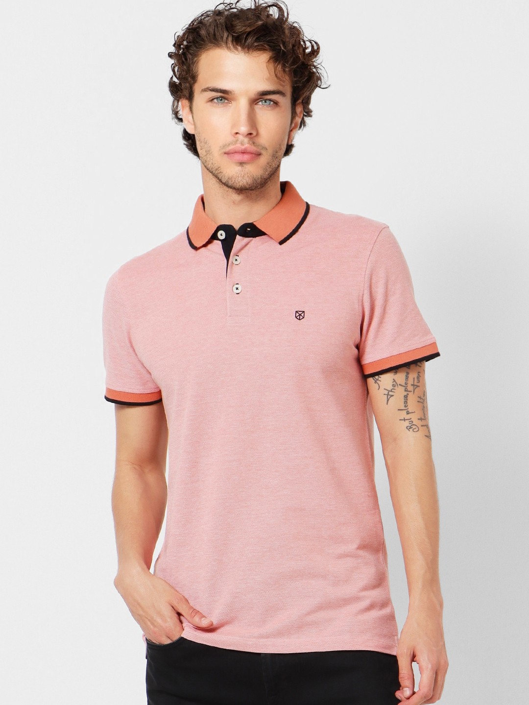 

Jack Jones Men Peach-Coloured Solid Polo Collar Pure Cotton T-shirt