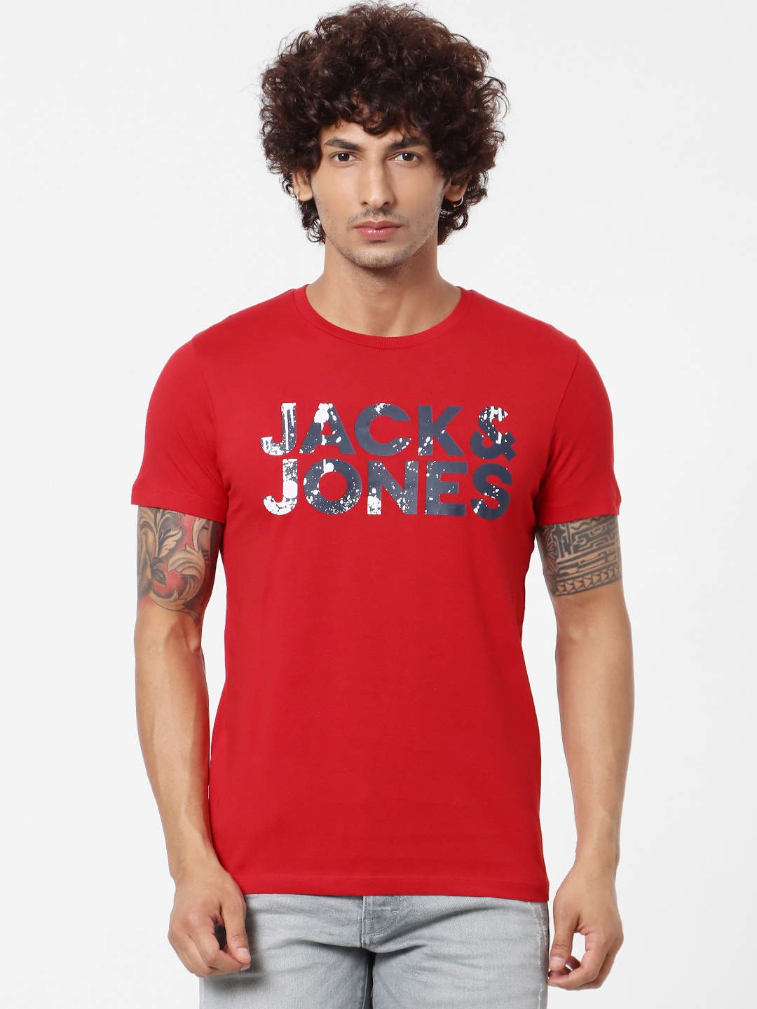 

Jack Jones Men Red Printed Slim Fit Round Neck Sustainable Pure Cotton T-shirt