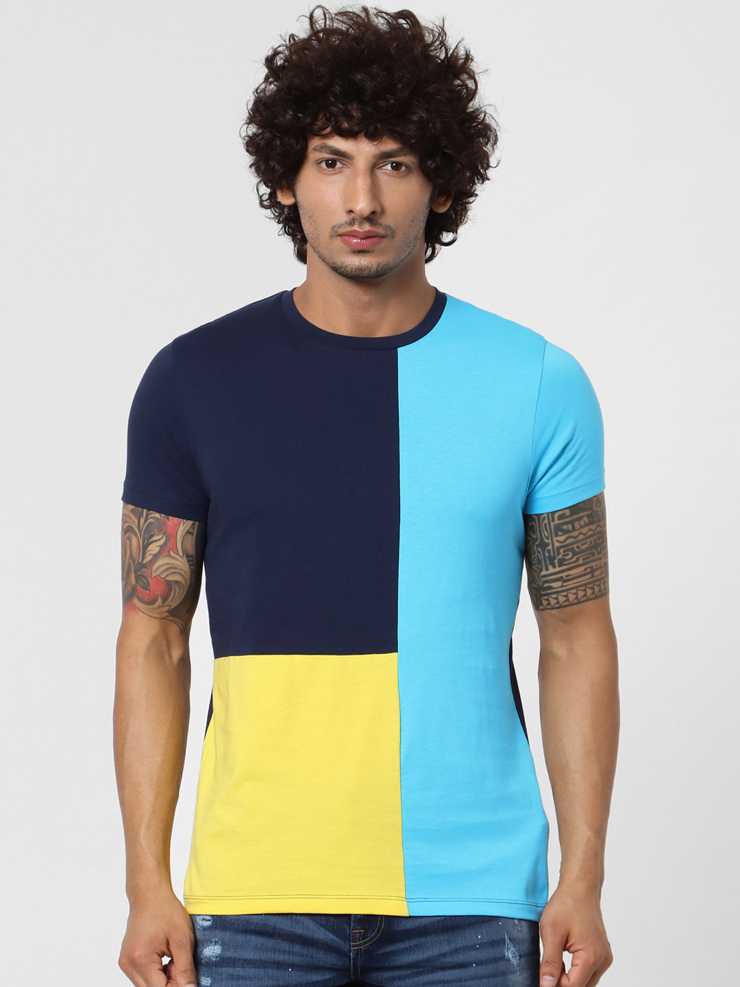 

Jack Jones Men Blue Yellow Slim Fit Colourblocked Round Neck Sustainable Pure Cotton T-shirt