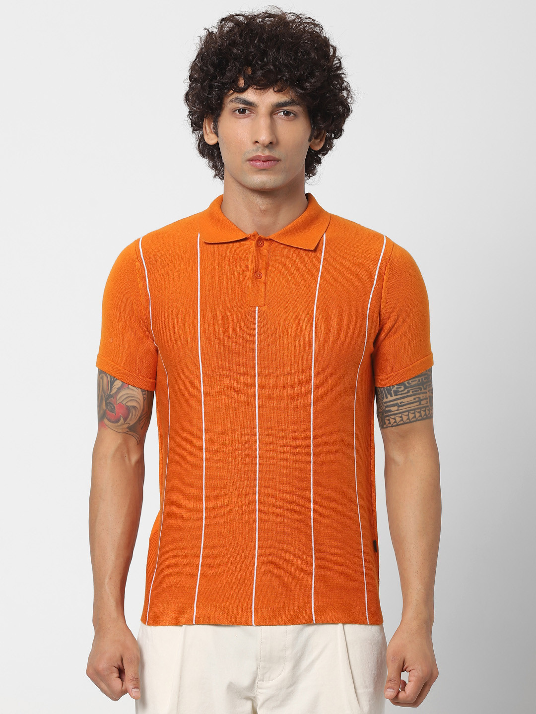 

Jack & Jones Men Orange Striped Polo Collar Sustainable T-shirt