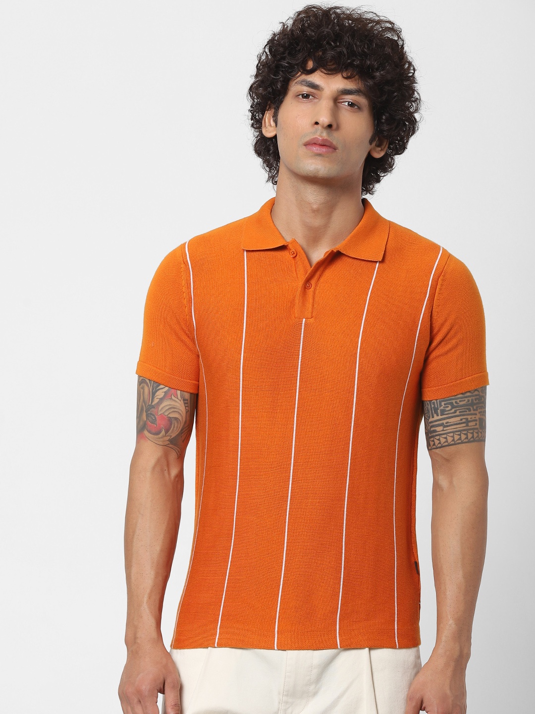 

Jack Jones Men Orange Striped Polo Collar Pure Cotton T-shirt