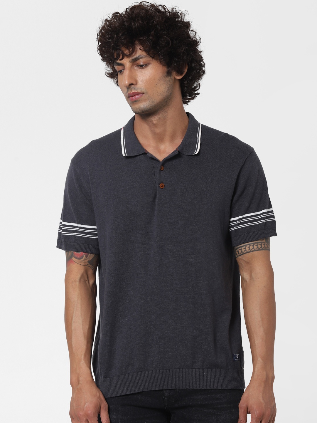 

Jack & Jones Men Grey Solid Polo Collar T-shirt