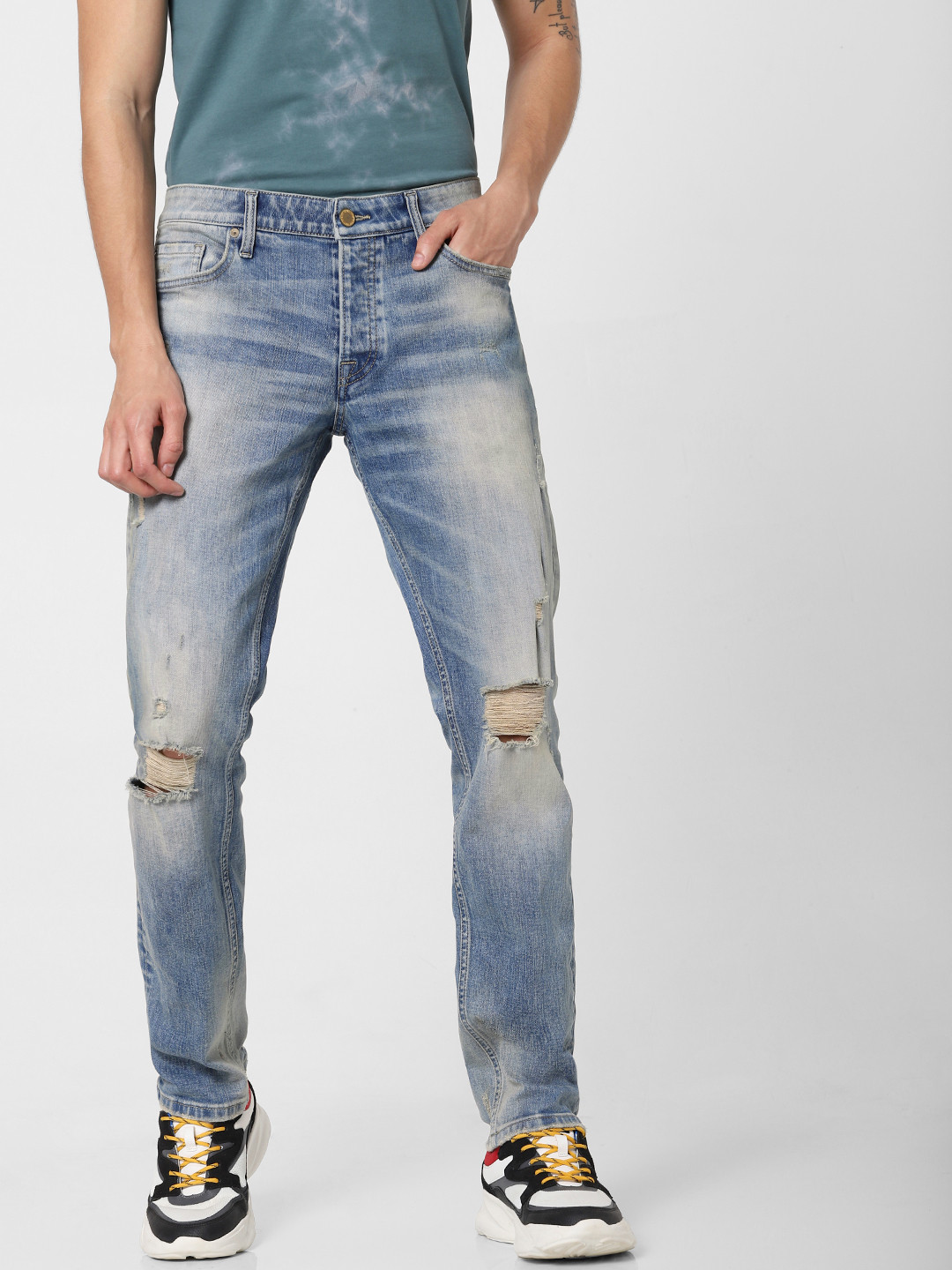 

Jack & Jones Men Blue TIM Slim Fit Low-Rise Highly Distressed Stretchable Jeans