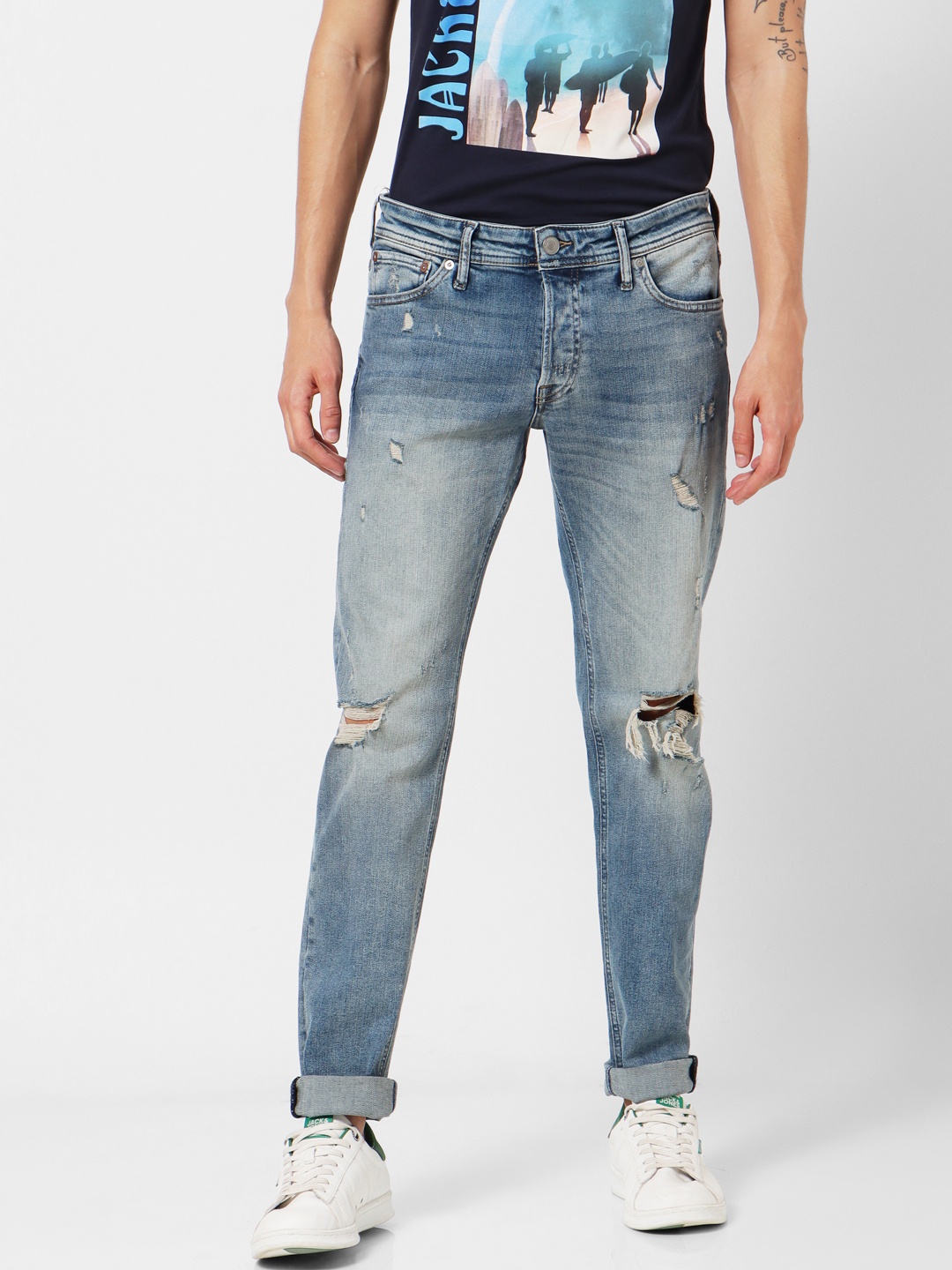 

Jack & Jones Men Blue GLENN Slim Fit Low-Rise Highly Distressed Stretchable Jeans