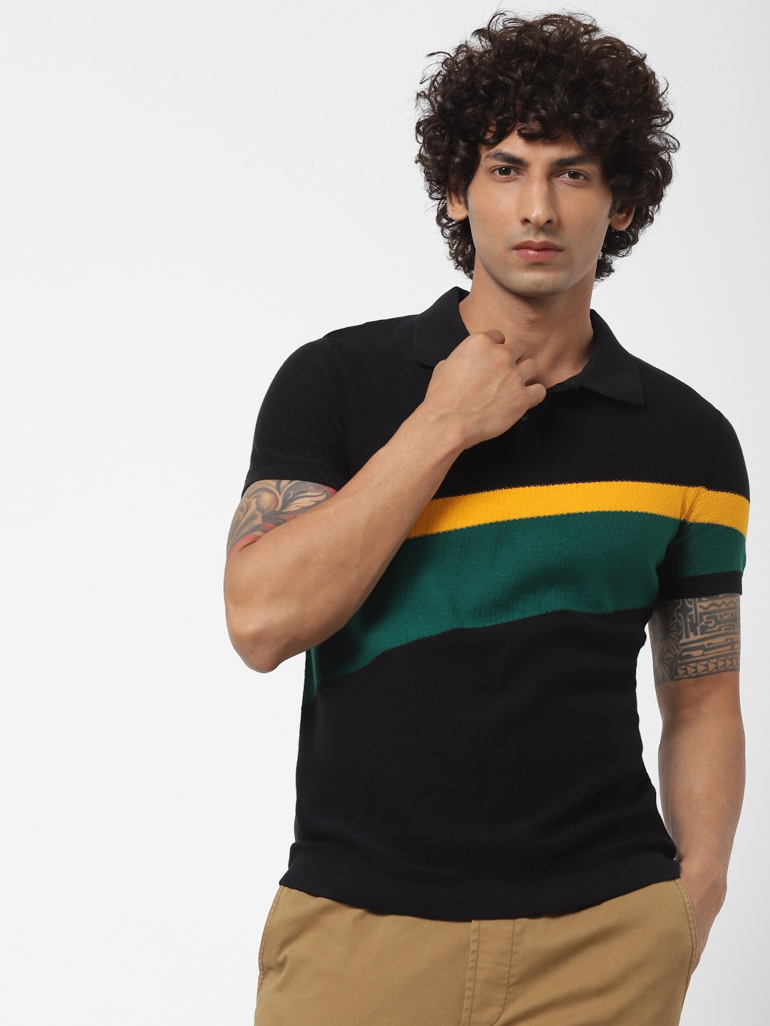 

Jack & Jones Men Black Striped Polo Collar Sustainable T-shirt