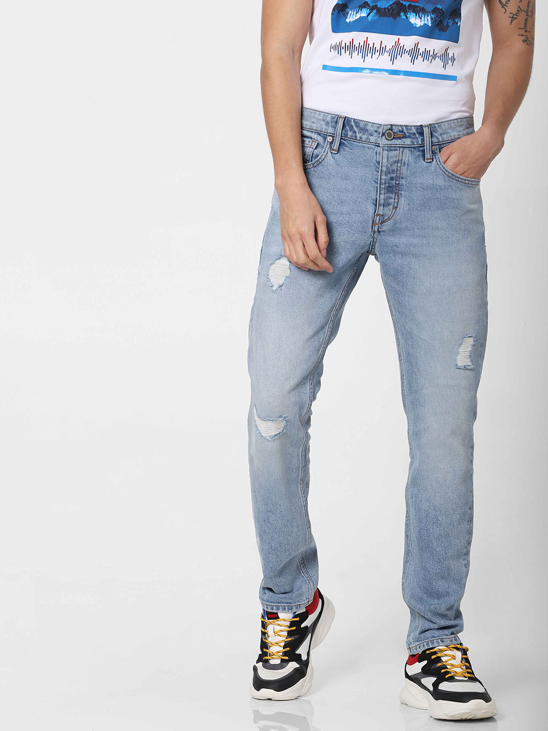 

Jack & Jones Men Blue TIM Slim Fit Low-Rise Mildly Distressed Stretchable Jeans