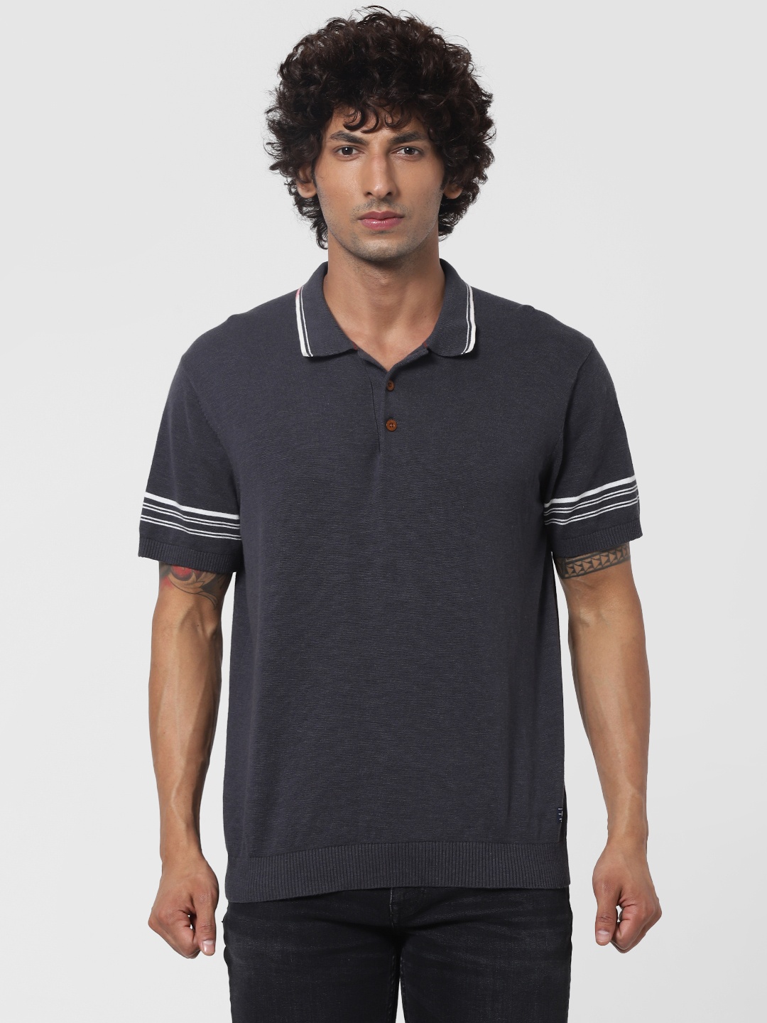 

Jack & Jones Men Grey Solid Polo Collar Sustainable T-shirt