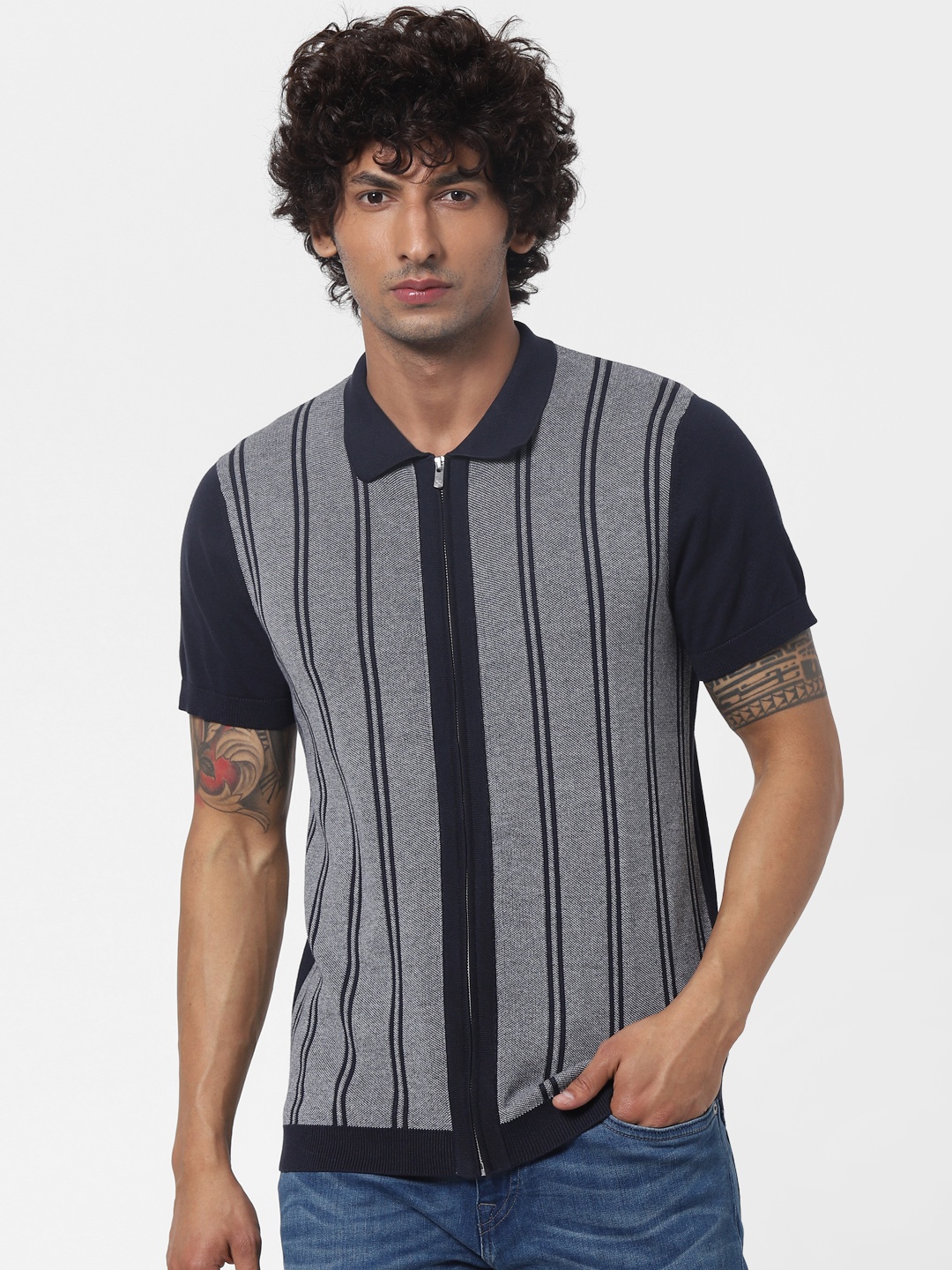 

Jack & Jones Men Navy Blue Grey Striped Open Front Jacket