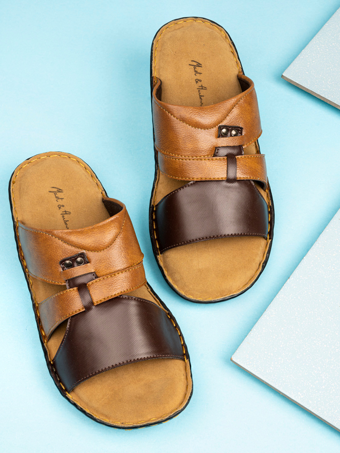

Mast & Harbour Men Tan Brown Leather Comfort Sandals