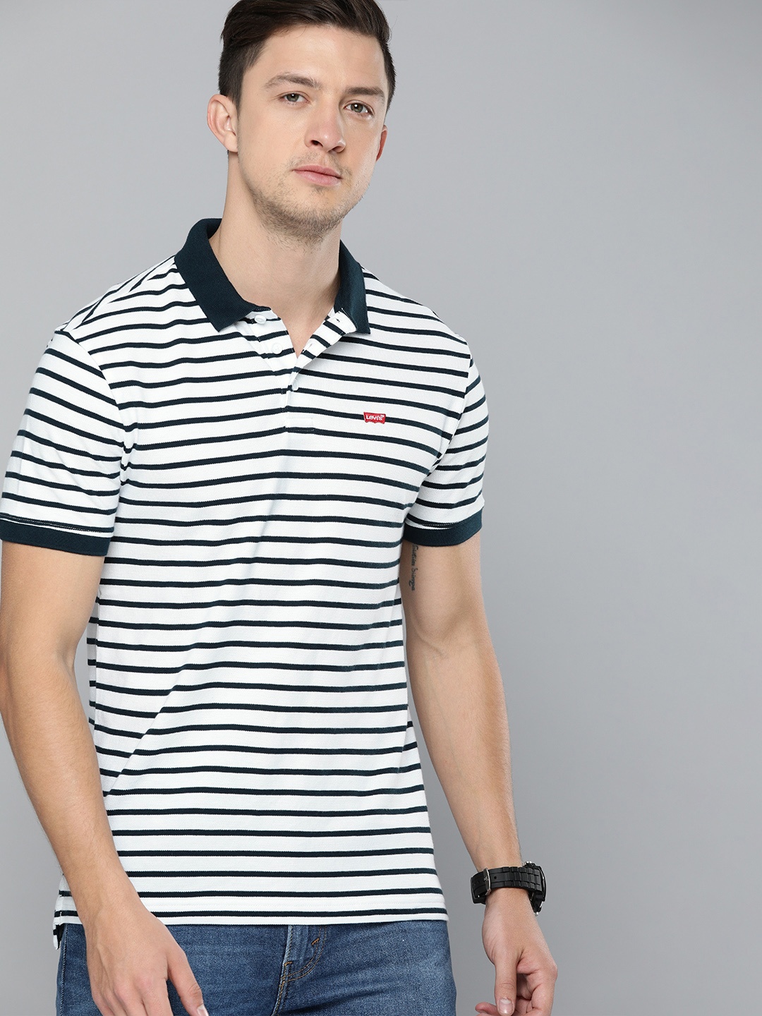 

Levis Men White Striped Polo Collar Pure Cotton T-shirt