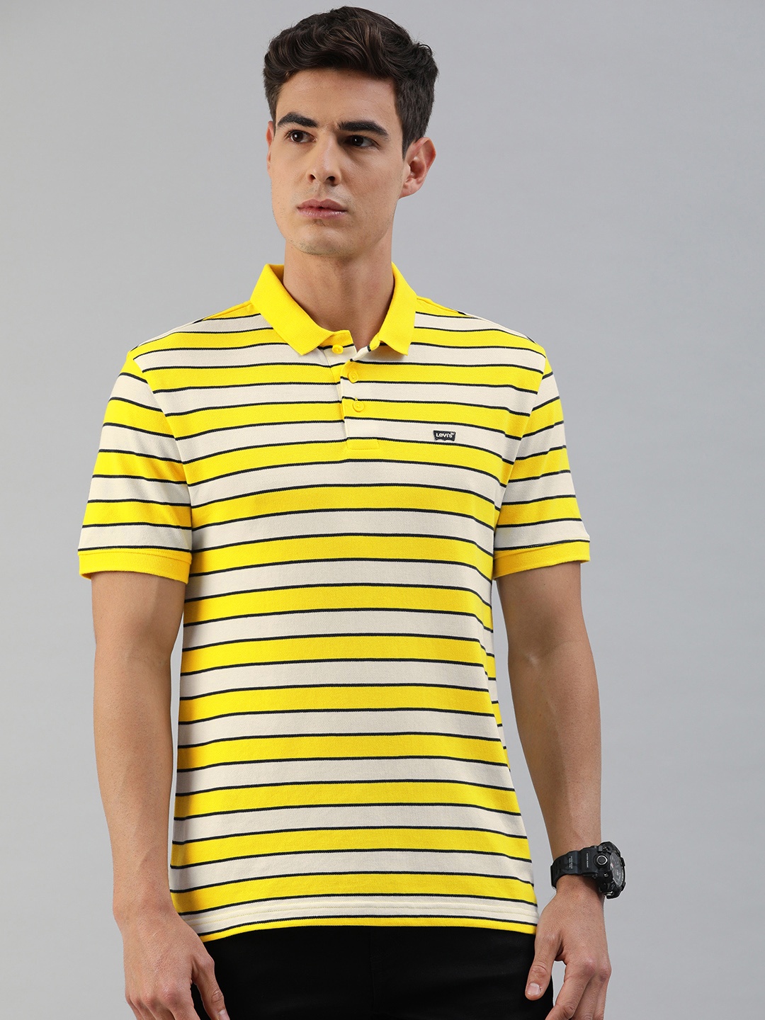 

Levis Men White & Yellow Striped Polo Collar T-shirt