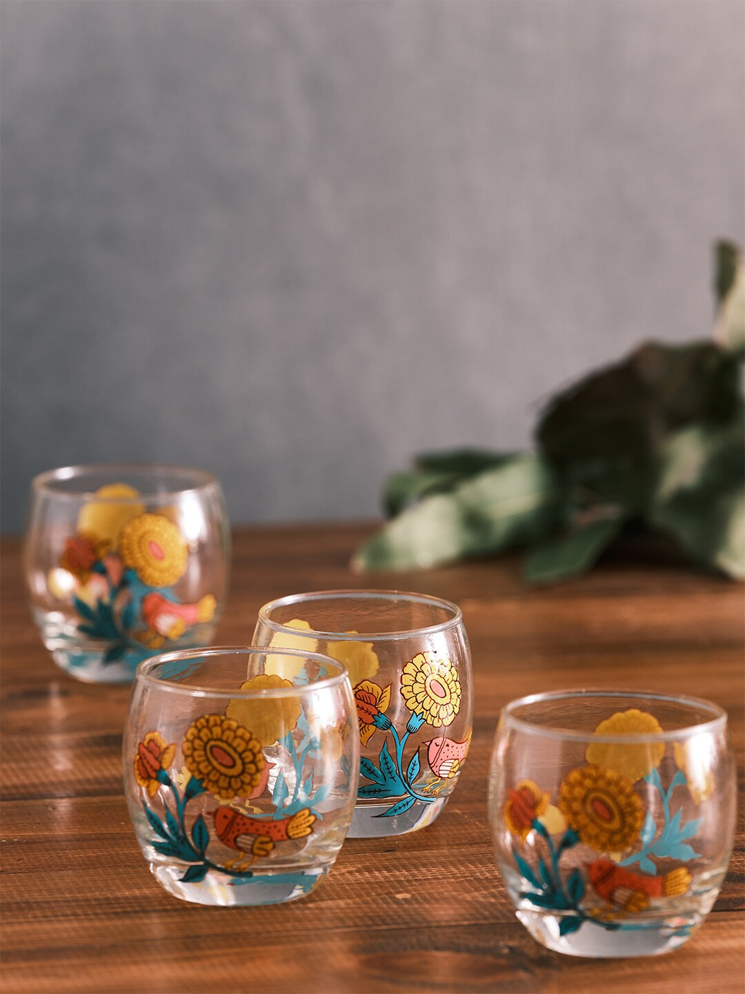 

Chumbak Set of 2 Transparent & Yellow Country Birds Short Glasses 320 ml