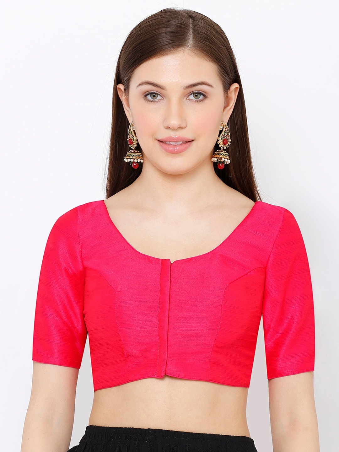 

SALWAR STUDIO Women Pink Solid Mulbury Silk Padded Saree Blouse