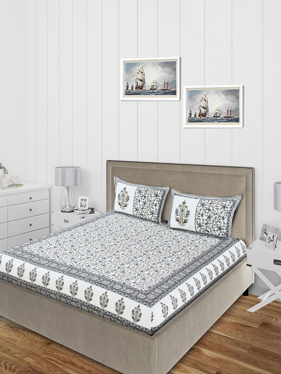 

Salona Bichona White & Grey Printed 120 TC Cotton Double Queen Bedsheet With 2 Pillow Covers