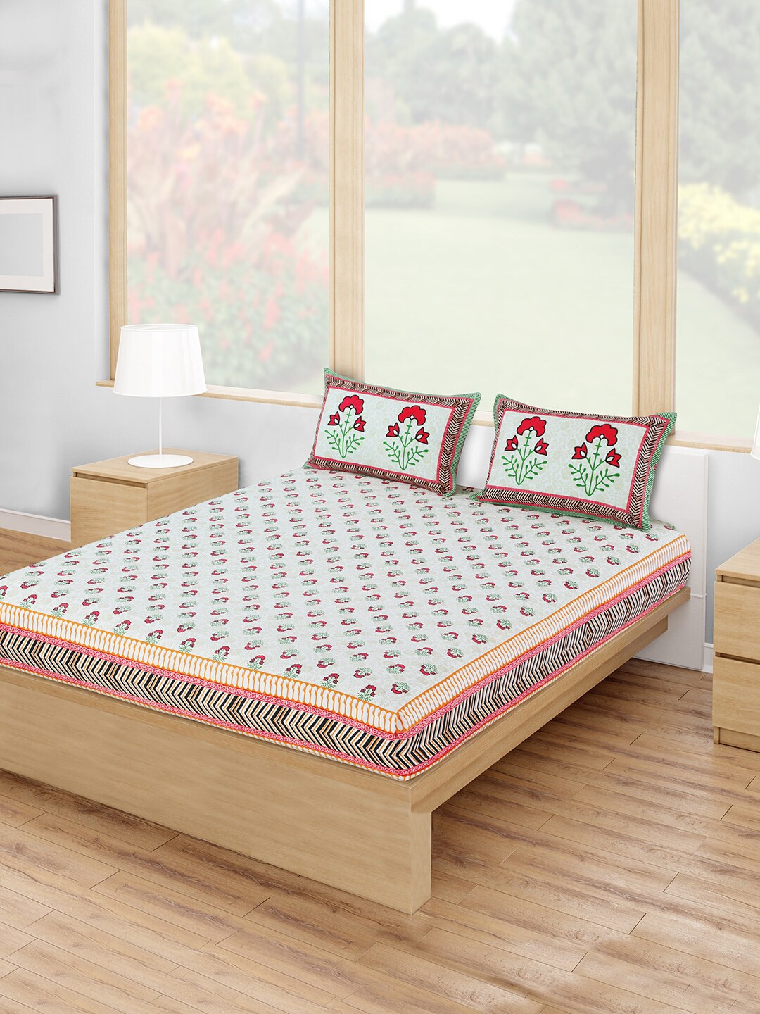 

Salona Bichona Off-White & Red Printed 120 TC Queen Bedsheet With 2 Pillow Covers