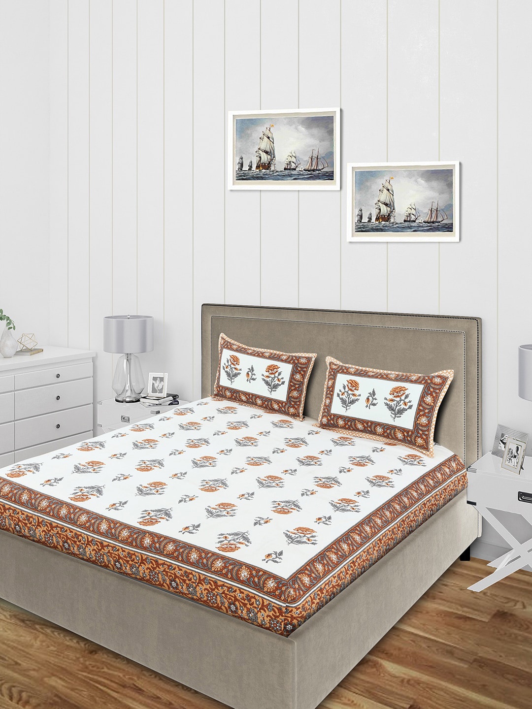 

Salona Bichona White & Brown Ethnic Motifs 120 TC Double Queen Bedsheet With 2 Pillow Covers