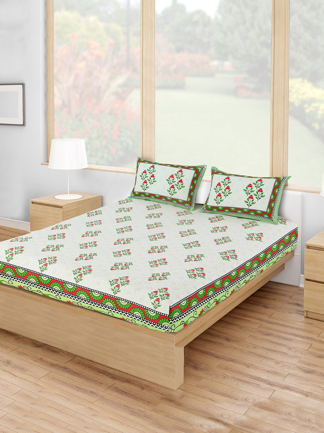 

Salona Bichona Off-White & Green Printed 120 TC Double Queen Bedsheet With 2 Pillow Covers