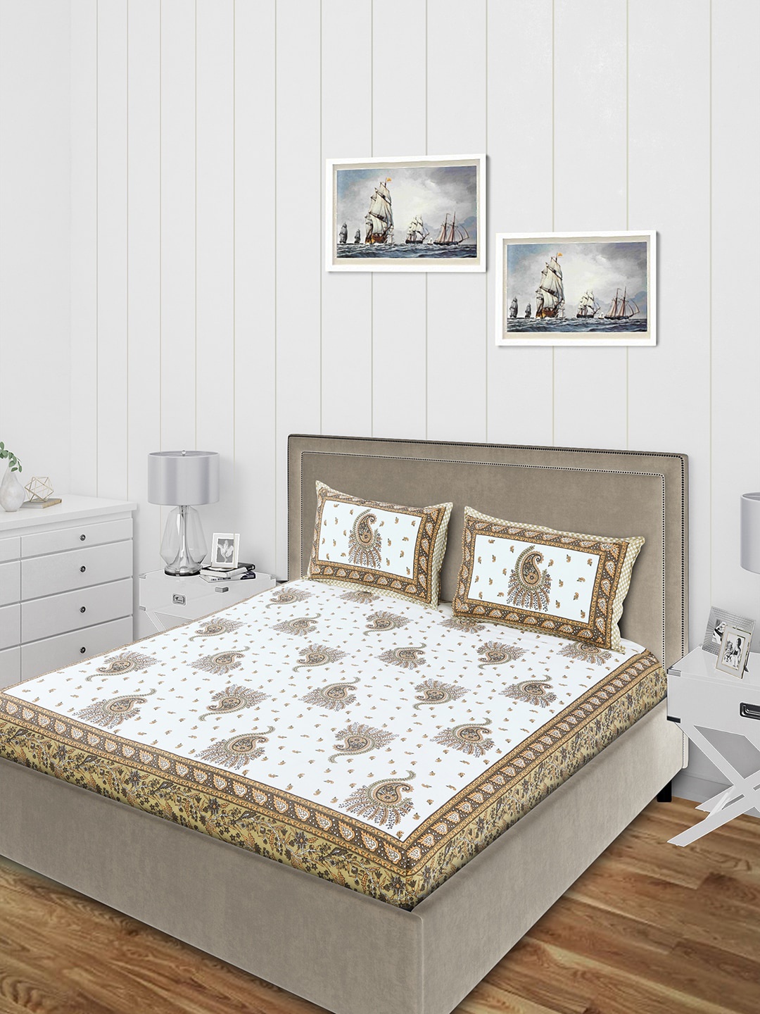 

Salona Bichona White & Olive Green Ethnic Motifs 120 TC Cotton Double Queen Bedsheet With 2 Pillow Covers