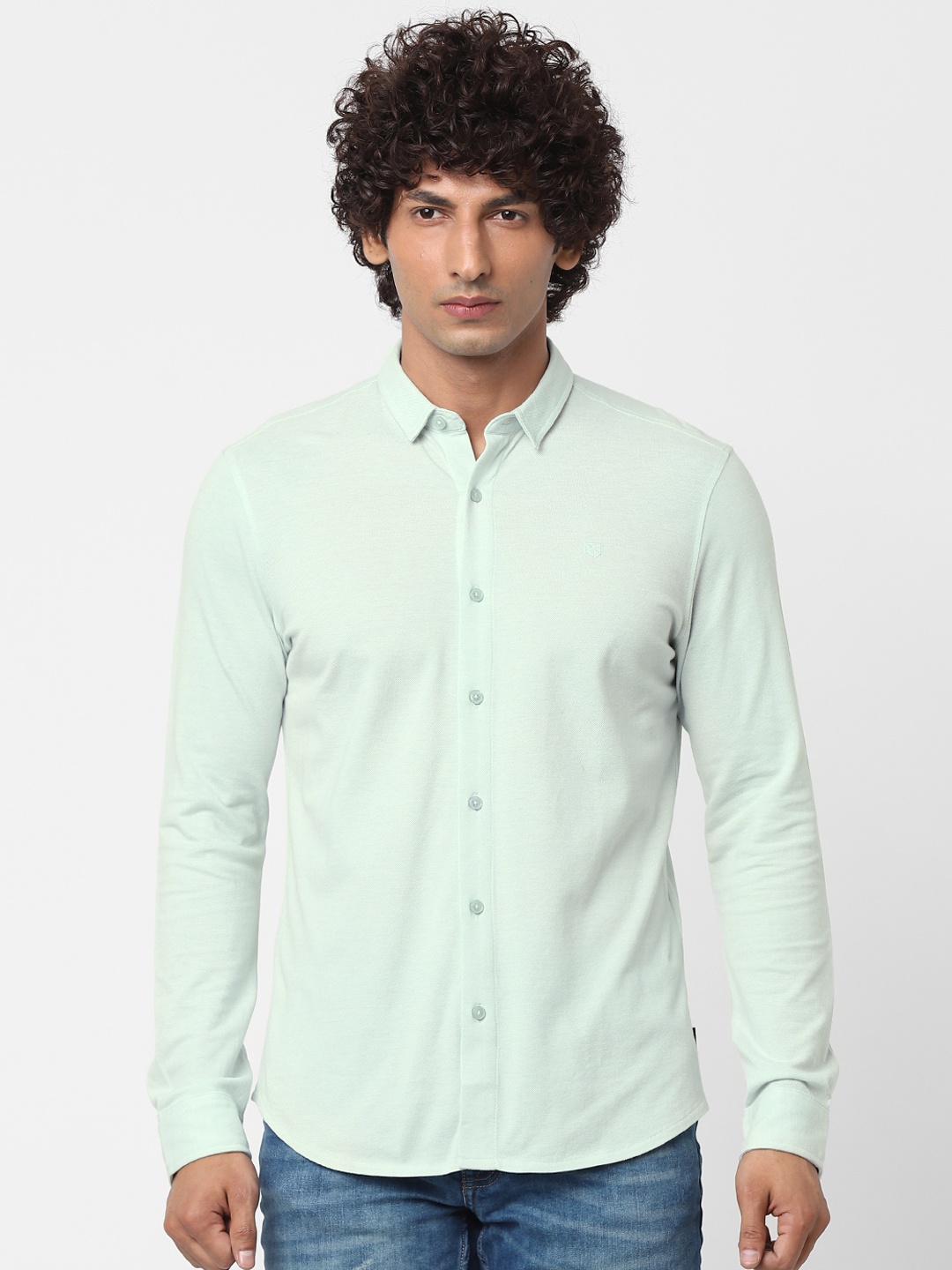

Jack & Jones Men Sea Green Slim Fit Solid Casual Knitted Shirt