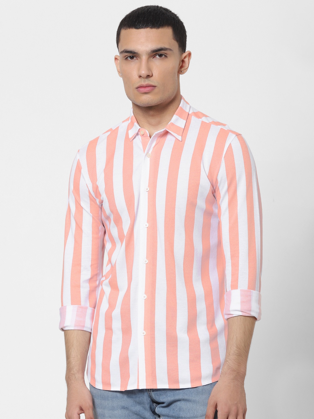 

Jack & Jones Men Pink & White Slim Fit Striped Casual Sustainable Shirt