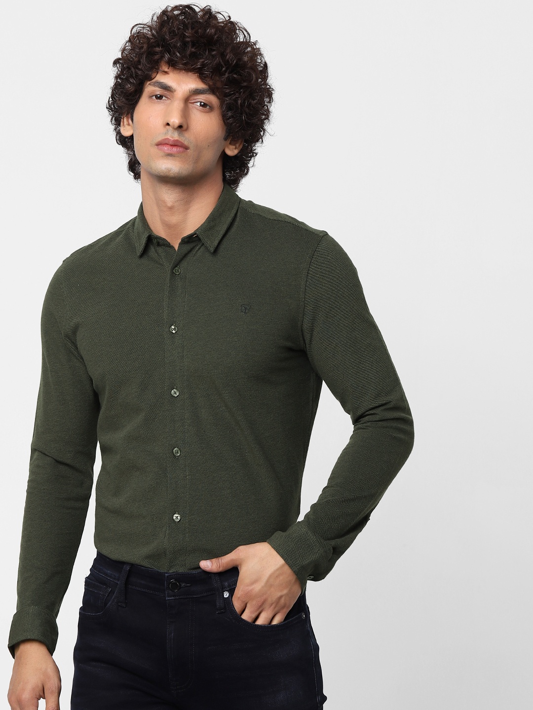 

Jack & Jones Men Olive Green Slim Fit Solid Knitted Casual Sustainable Shirt
