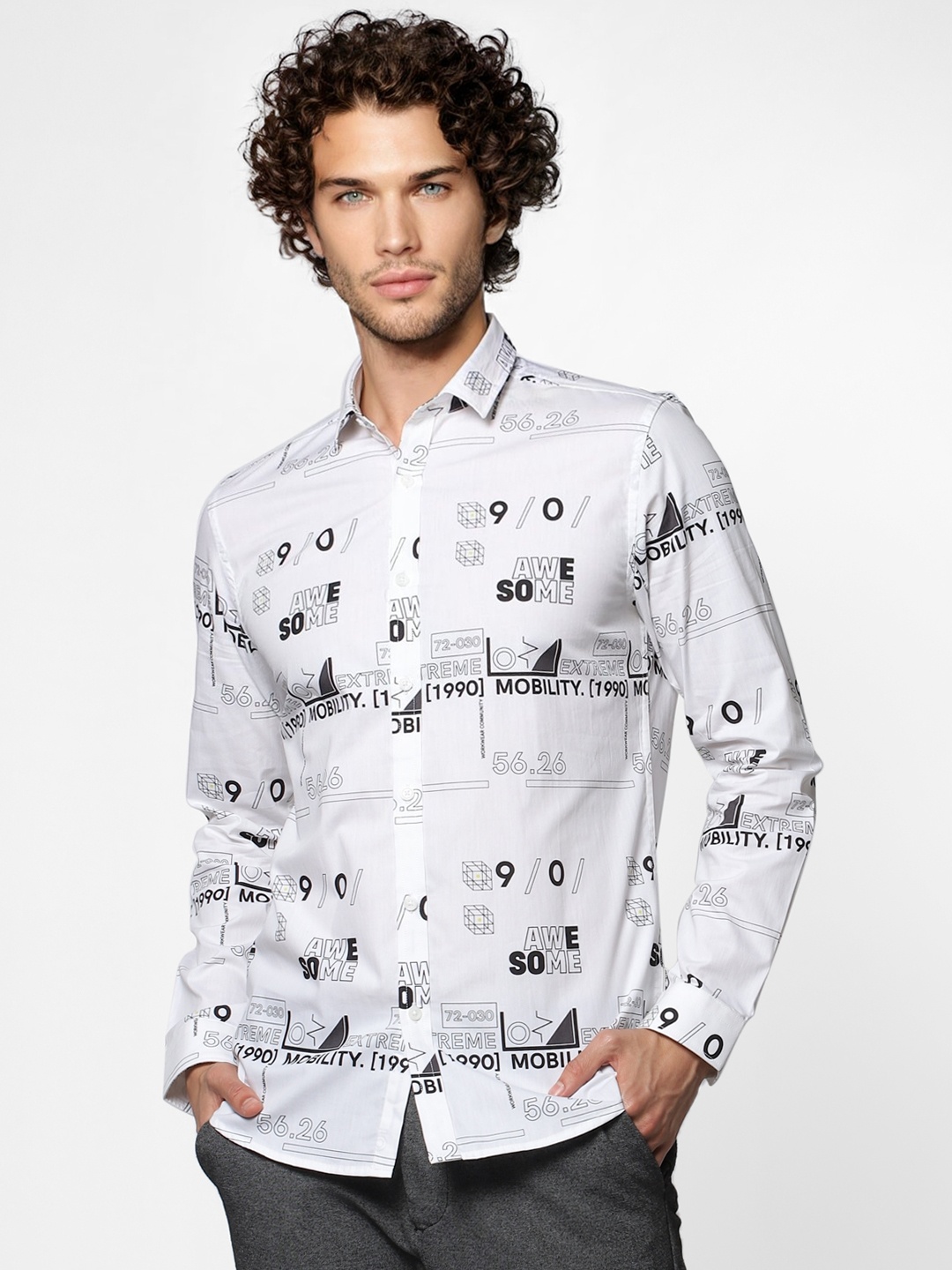 

Jack & Jones Men White Slim Fit Printed Casual Sustainable Shirt