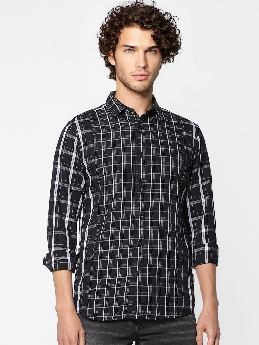 

Jack & Jones Men Black & White Slim Fit Checked Casual Sustainable Shirt