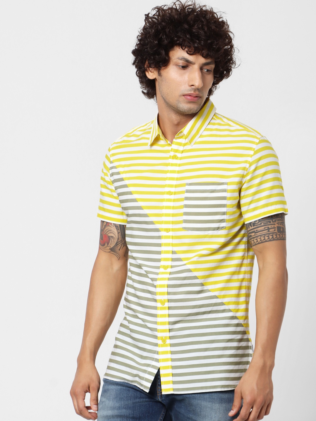 

Jack & Jones Men Yellow & White Comfort Fit Striped Casual Sustainable Shirt