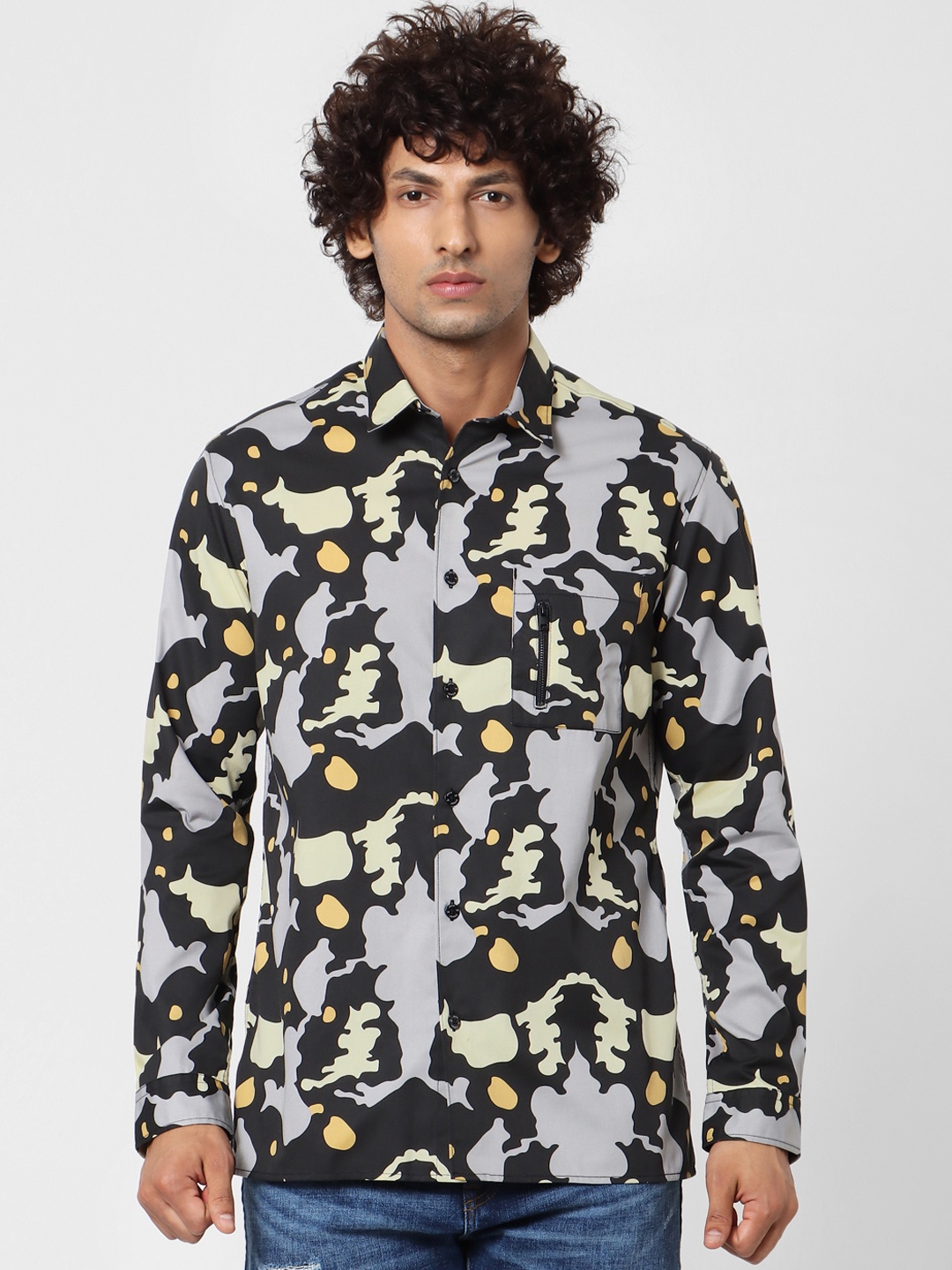 

Jack & Jones Men Black & Grey Slim Fit Camouflage Printed Casual Shirt