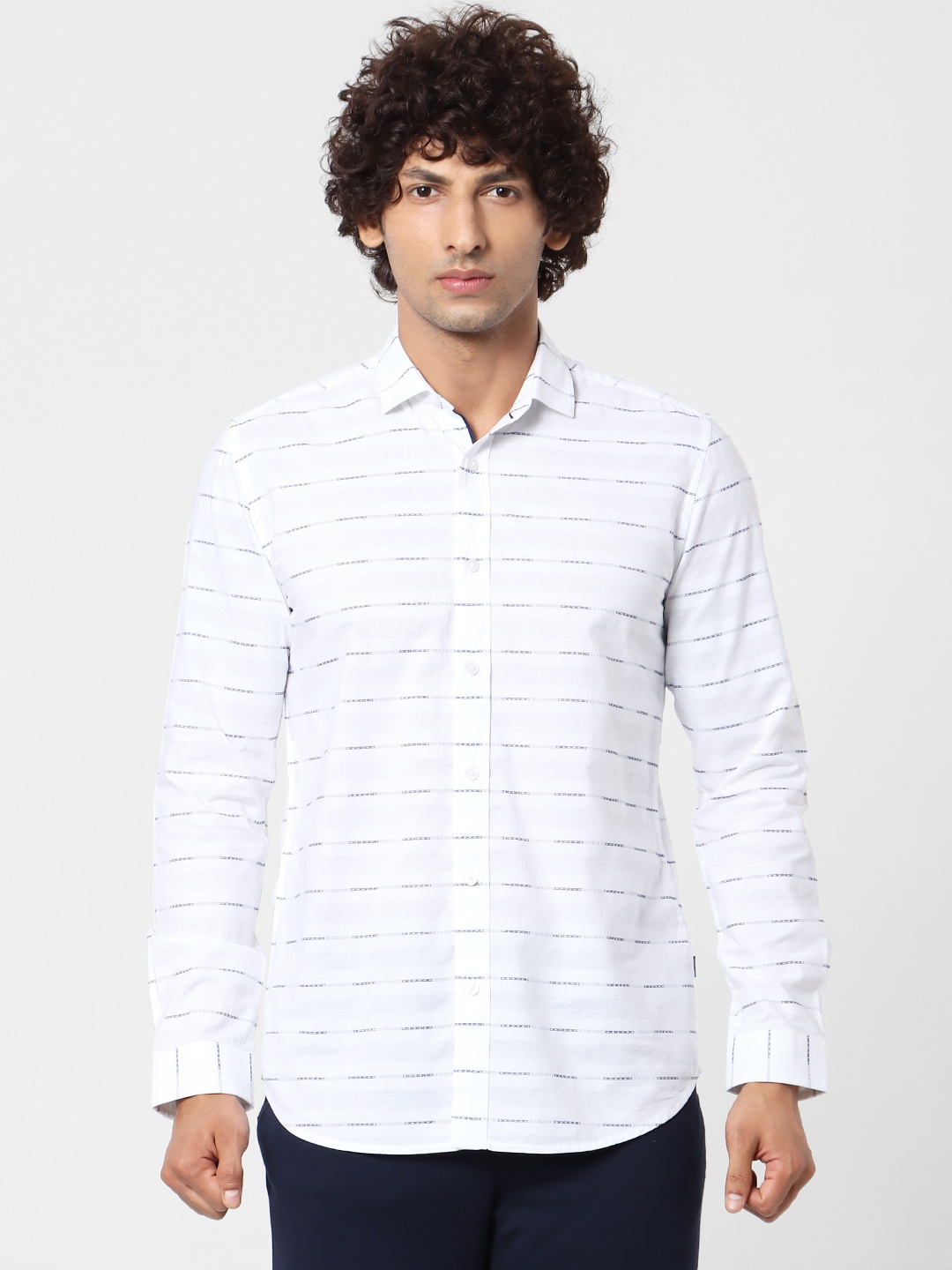 

Jack & Jones Men White & Navy Blue Slim Fit Striped Casual Sustainable Shirt