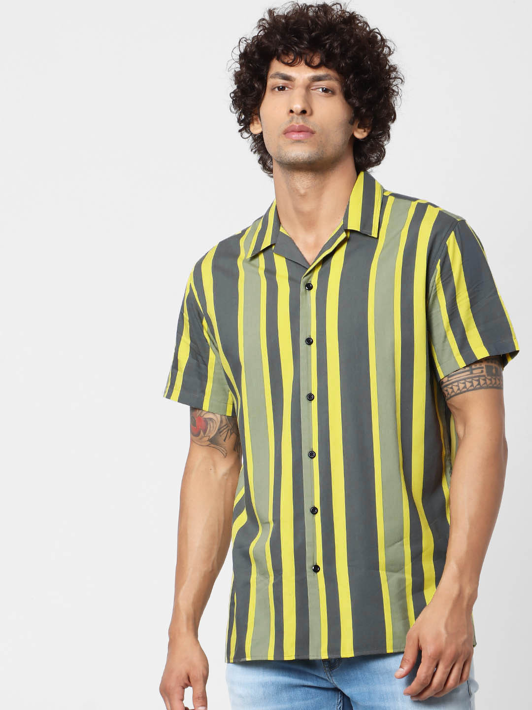 

Jack & Jones Men Olive Green & Yellow Regular Fit Striped Casual Shirt